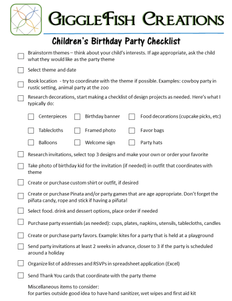 Children's Birthday Party Checklist